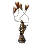 A LARGE DECORATIVE ART NOUVEAU FIGURAL LAMP. H-114.5cm