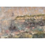 A 20TH CENTURY CONTINENTAL OIL ON PAPER, COASTAL SEASCAPE With ships, signed with monogram lower