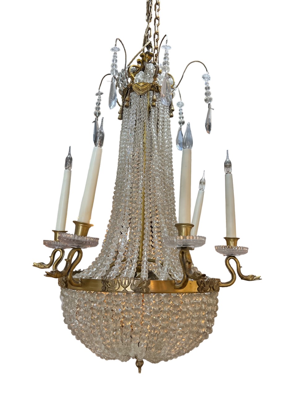 A LARGE LATE 19TH CENTURY SIX BRANCH FRENCH REGENCY DESIGN GILT ORMOLU AND GLASS BASKET CHANDELIER