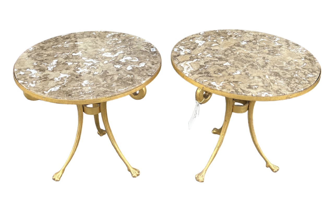 MANNER OF MAISON JANSEN, A PAIR OF DECORATIVE 20TH CENTURY GILT METAL AND ONYX TOP OCCASIONAL