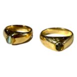 TWO 18CT YELLOW GOLD & CABOCHON CAT’S EYE SOLITAIRE RINGS, UK ring size M & G, gross weight-13.7g.