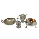 A COLLECTION OF VICTORIAN AND LATER SILVER ITEMS To include Silver salt cellar on spade feet