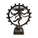 A 19TH/20TH CENTURY INDIAN BRONZE OF SHIVA NATARAJA, LORD OF DANCE. (h 23cm x w 20cm x d 7cm)