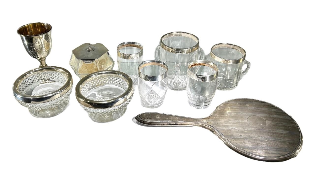 A COLLECTION OF 19TH CENTURY AND LATER SILVER & SILVER MOUNTED GLASSWARE To include three shot