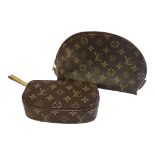 LOUIS VUITTON, PARIS, A BROWN LEATHER LV MONOGRAM LADIES’ TRAVELLING/VANITY CASE Yellow stained