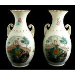 A PAIR OF EARLY 20TH CENTURY CONTINENTAL OPALINE TUSCANY VIEW GLASS VASES Overpainted to both sides,