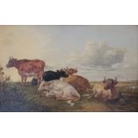 AFTER THOMAS SYDNEY COOPER, 1803 - 1903, OIL ON BOARD Landscape, small herd of recumbent cattle,