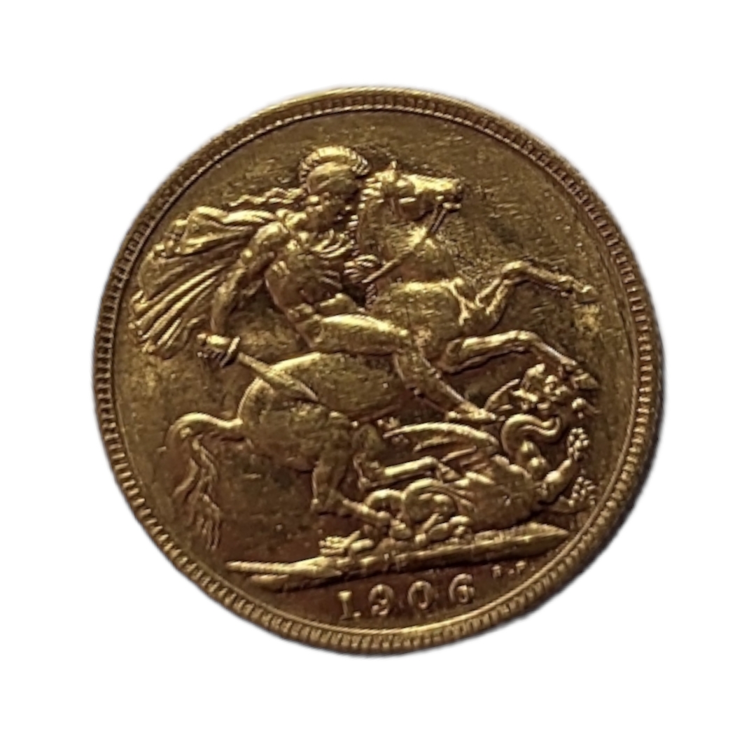 A 22CT GOLD FULL SOVEREIGN COIN, EDWARD VII, DATED 1906.
