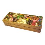 AN EARLY 20TH CENTURY WOODEN GLOVE BOX The cover decorated with various Edwardian novelty cats