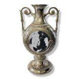 AN AESTHETIC MOVEMENT AMPHORA SHAPED TWIN HANDLED SILVER PLATED VASE/CENTREPIECE Engraved on