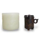 A CHINESE JADE LIAN CUP AND COVER AND CHINESE GLASS BRUSH POT Archaic design carved brown stone with