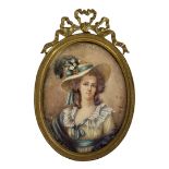M. ROLLAND, A LATE 19TH CENTURY OVAL MINIATURE PAINTING ON IVORY Portrait of a lady in feather straw