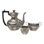 AN VICTORIAN SILVER THREE PIECE COFFEE SET Having an ebonised wooden finial and handle and