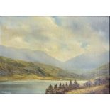 MARJORAM, A LATE 20TH CENTURY IRISH SCHOOL OIL ON CANVAS Mountainous lake landscape view,