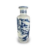A 19TH CENTURY CHINESE BLUE AND WHITE ROULEAU PORCELAIN VASE Decorated with figures on a rocky shore