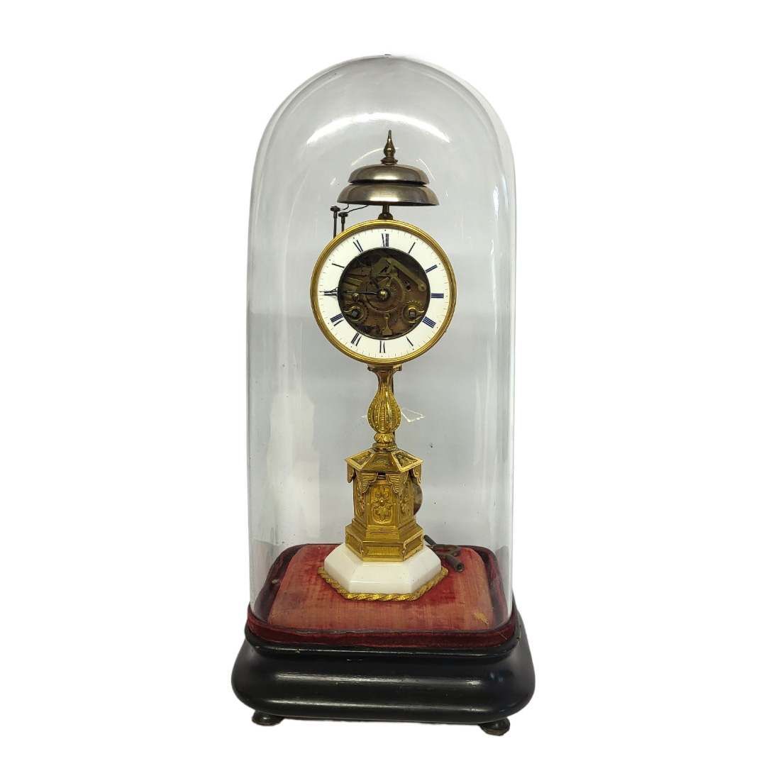AN UNUSUAL 19TH CENTURY FRENCH ORMOLU AND MARBLE MANTLE CLOCK Having two overhead turned bells,