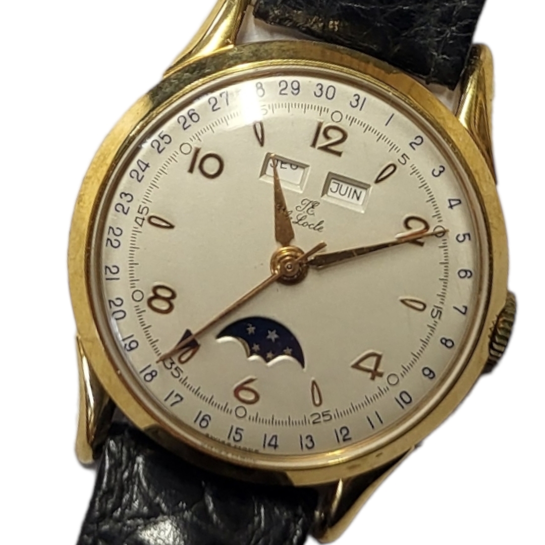 LE LOCLE, A VINTAGE GOLD PLATE AND STEEL MOONPHASE GENT’S WRISTWATCH Having day/date apertures - Image 3 of 4