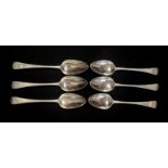 A SET OF SIX GEORGIAN SILVER TABLESPOONS Plain form with engraved family crest of an eagle,