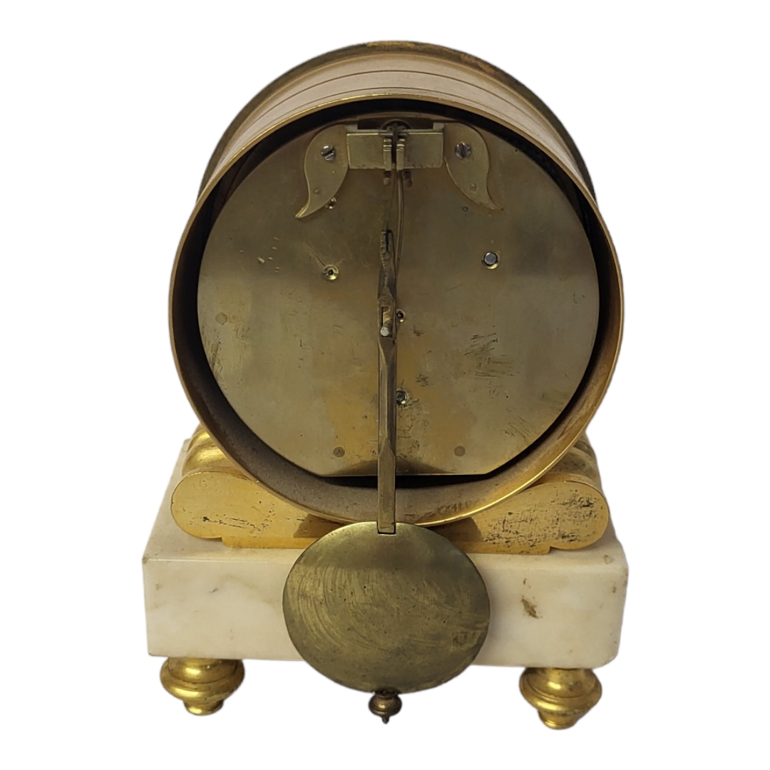 A 19TH CENTURY GILT BRONZE AND MARBLE TIMEPIECE CLOCK Barrel form case with Neoclassical - Image 3 of 3