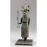 ANTIQUE SANDCAST BRONZE BENIN FIGURE. (h 42cm x w 15cm x d 15cm)