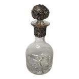 A VINTAGE WHITE METAL, OPAL AND CUT GLASS FIGURAL DECANTER Having an applied white metal duck billed