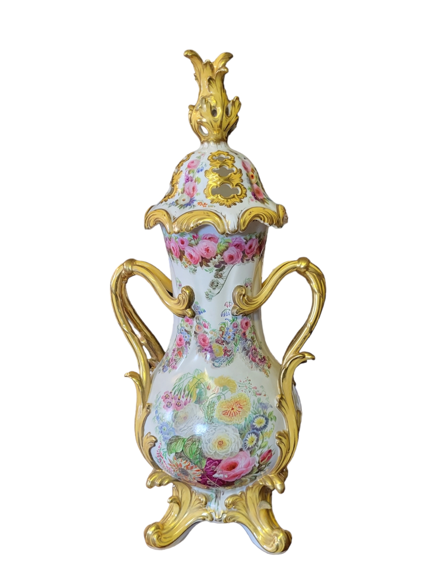 A FINE LATE 19TH CENTURY STAFFORDSHIRE STYLE ROCOCO MOULDED CONTINENTAL PORCELAIN POTPOURRI VASE AND - Image 2 of 7