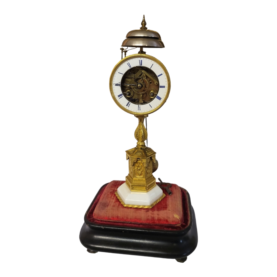 AN UNUSUAL 19TH CENTURY FRENCH ORMOLU AND MARBLE MANTLE CLOCK Having two overhead turned bells, - Image 2 of 2