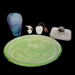 AN ART DECO GREEN GLAZED FROSTED GLASS OVAL TRAY Engraved with a mermaid, along with Nina Ricci