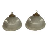 A PAIR OF VINTAGE RIBBED VASELINE GLASS LIGHT SHADES In three sections. (diameter 39cm) Condition: