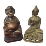 A CHINESE BRONZE SEATED BUDDHA On a pierced base, together with a carved wooden figure of a laughing