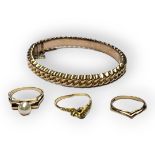 A COLLECTION OF EARLY 20TH CENTURY AND LATER YELLOW METAL JEWELLERY Comprising a hinged bangle