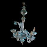 A VENETIAN TURQUOISE AND FROSTED GLASS FIVE BRANCH CHANDELIER With scrolling leaves and floral