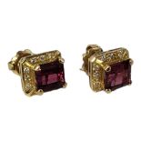 A PAIR OF 18CT GOLD, DIAMOND AND GEM SET STUD EARRINGS Set with rectangular cut pink tone stone