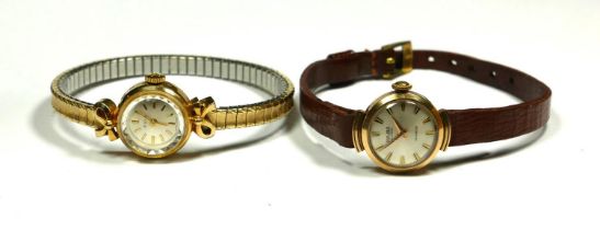 TWO 9CT GOLD CASED LADIES’ WRISTWATCHES Majex 21 Jewels Incabloc & Avia. (total gross weight 22.7g)