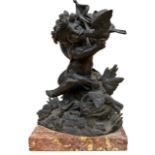 MANNER OF VICTOR PAILLARD, A 19TH CENTURY BRONZE WINGED CHERUB AND A PAIR OF DOVES Supported on a