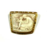 A POLISH 14CT GOLD SHELL CAMEO BROOCH Trapezium shaped, having pierced outer border decoration,