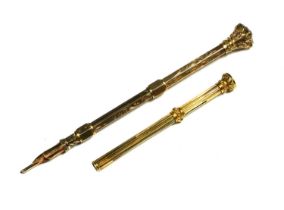A VICTORIAN YELLOW METAL PROPELLING PENCIL, TESTED FOR 18CT YELLOW GOLD, TOGETHER WITH A VICTORIAN