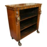 A 19TH CENTURY REGENCY PERIOD IRISH MAHOGANY OPEN BOOKCASE, The crossbanded top over a frieze, set