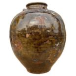 A LARGE 19TH CENTURY JAPANESE TEA JAR Decorated with painted enamel, gold figures and flowers,