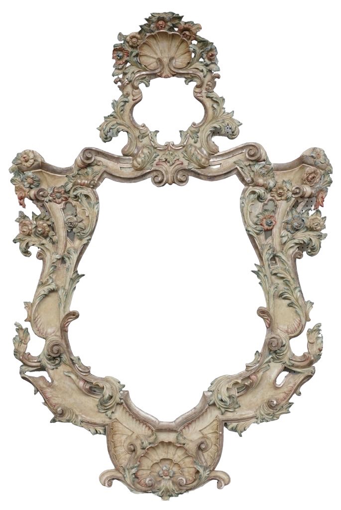 A VERY LARGE AND IMPRESSIVE 18TH CENTURY CARVED WOOD AND PAINTED ITALIAN VENETIAN ROCOCO MIRROR