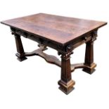 A 19TH CENTURY ITALIAN DESIGN WALNUT AND SYCAMORE LIBRARY TABLE The three plank top with cleated