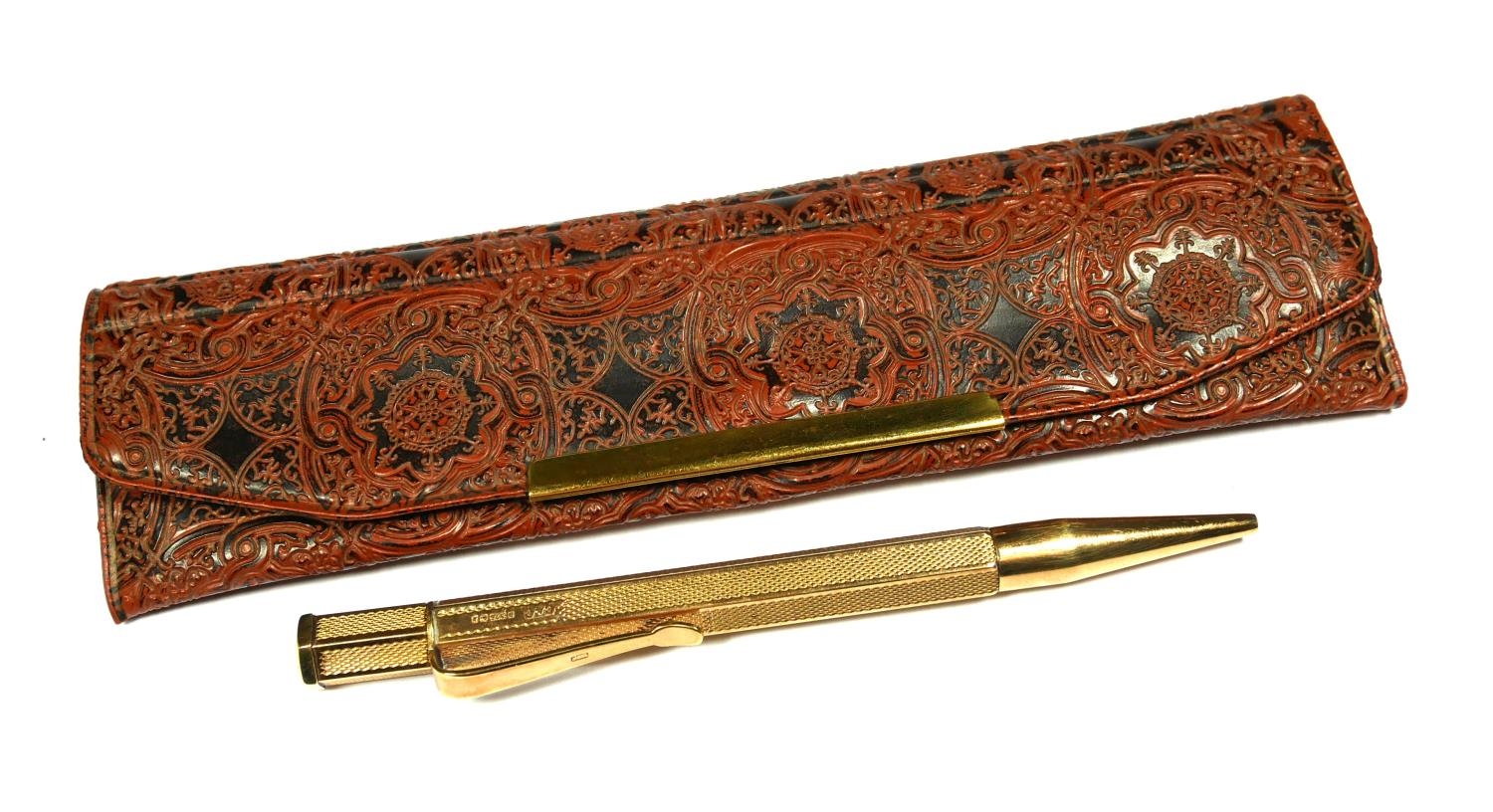 COHEN & CHARLES, A 9CT GOLD ENGINE TURNED PENCIL, HALLMARKED BIRMINGHAM, 1966. (length 11cm, gross - Image 2 of 2