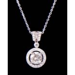 A 18CT WHITE GOLD HALO DIAMOND PENDANT with diamond bale on a silver chain, with WGI certificate. (