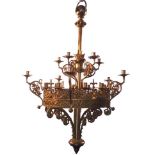 A FINE 19TH CENTURY FRENCH GILT BRONZE GOTHIC REVIVAL TWO TIER TWENTY CANDLE HOLDER CHANDELIER