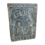A LARGE CHINESE RECTANGULAR BRONZE BUDDHIST PLAQUE, DECORATED WITH TWO PROMINENT SEATED BUDDHAS
