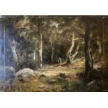 A 19TH CENTURY FRENCH SCHOOL IMPRESSIONIST OIL ON PANEL Woodland landscape with figure, held in a