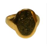 A 19TH CENTURY 18CT GOLD GENT’S SIGNET RING Having remnant engraved hand holding dagger. (UK size J,