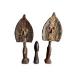 A 20TH CENTURY PAIR OF AFRICAN TRIBAL CARVED WOOD & COPPER BAKOTA RELIQUARY FIGURES, TOGETHER WITH
