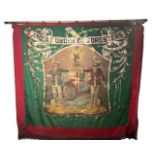 A LARGE 19TH CENTURY PAINTED SILK ANCIENT ORDER OF FORESTERS BANNER Decorated with two huntsmen