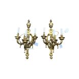 A LARGE AND IMPRESSIVE PAIR OF 18TH CENTURY DESIGN HEAVY BRASS THREE BRANCH WALL SCONCES Decorated
